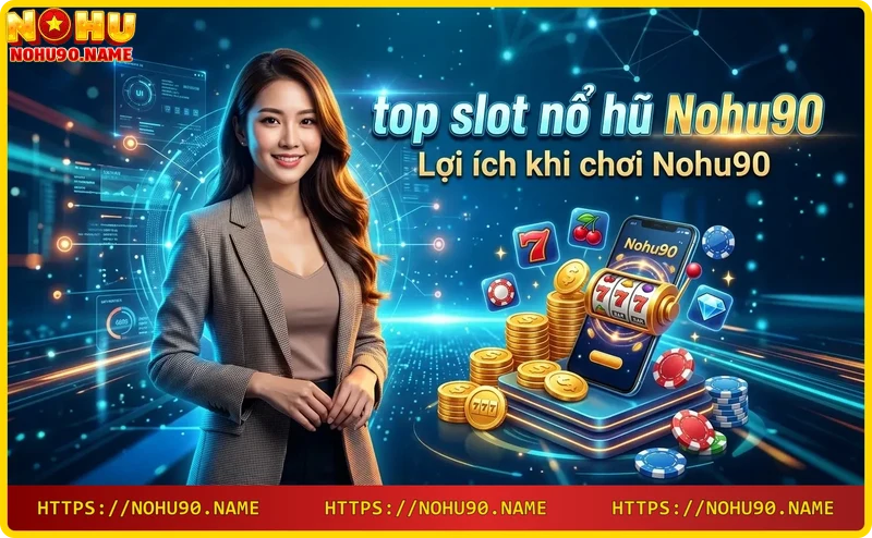 Hình ảnh bàn tay cầm đồng tiền vàng phát sáng với hiệu ứng nổ hũ phía sau thể hiện lợi ích khi chơi tại Nohu90
