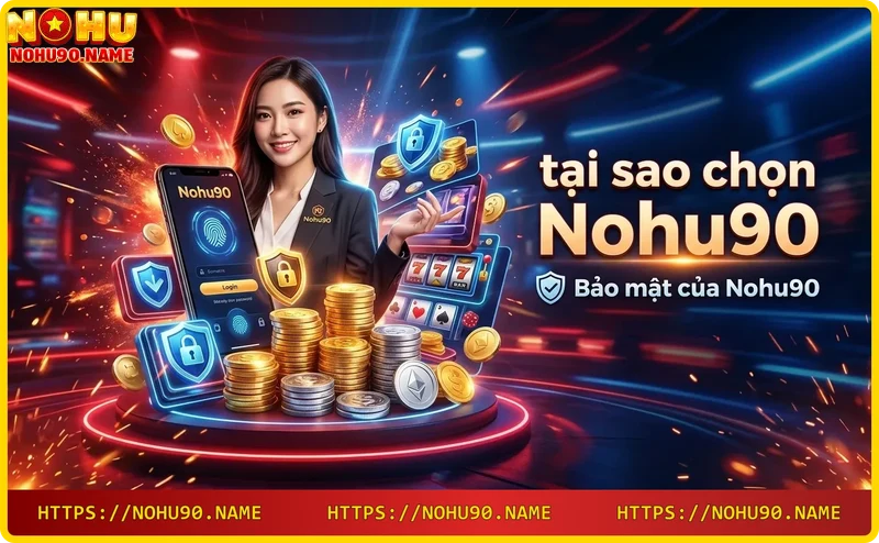 Hình ảnh minh họa bảo mật Nohu90 - lá chắn phát sáng với khóa và dòng dữ liệu bảo vệ