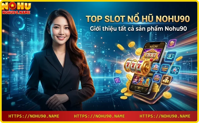 Hình ảnh năm cuộn slot máy với các biểu tượng chủ đề khác nhau đại diện cho các game slot nổ hũ tại Nohu90