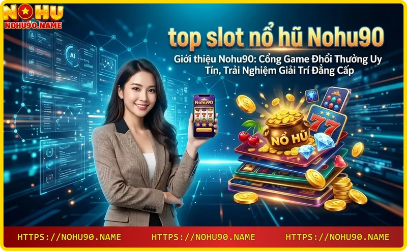 Hình ảnh sảnh casino sang trọng của Nohu90 với ánh sáng neon xanh dương và hồng