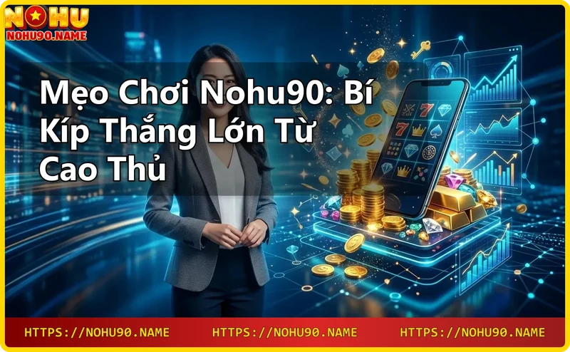 Máy tính và điện thoại hiển thị trang chủ Nohu90 trong không gian casino sang trọng