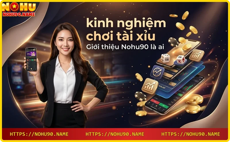 Sảnh casino ảo cao cấp với biểu tượng Nohu90 phát sáng neon và tượng xúc xắc vàng