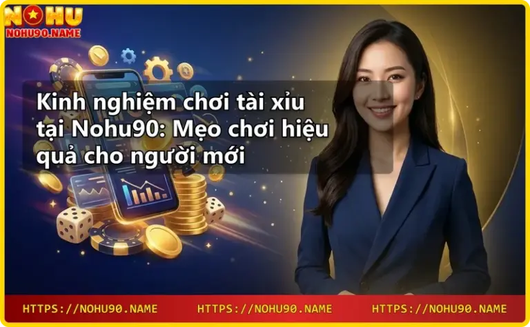 Sảnh casino ảo cao cấp với biểu tượng Nohu90 phát sáng neon và tượng xúc xắc vàng